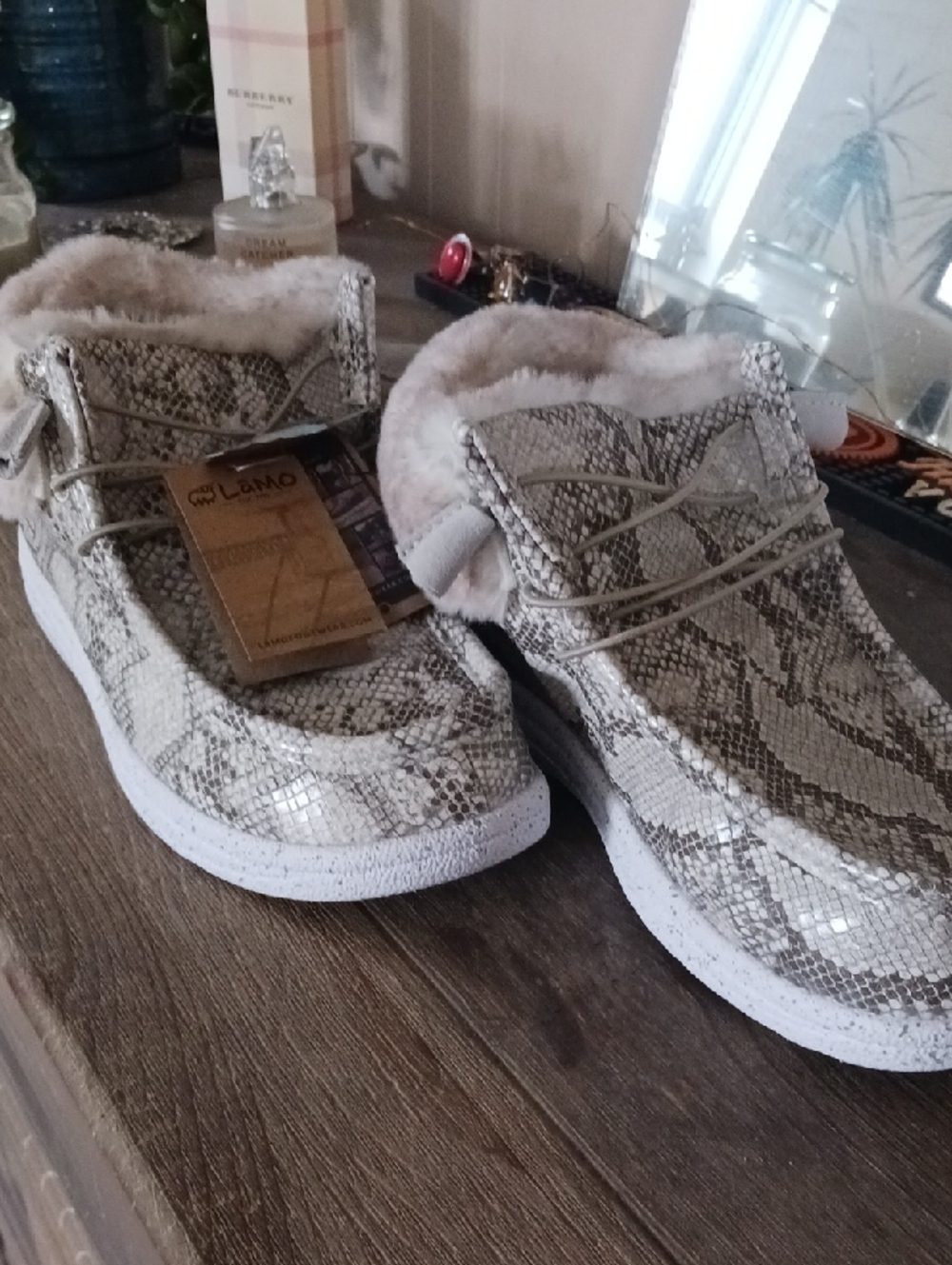 Lamo Women's Snake-Print Slip-On Shoes with Sheepskin   - Beige